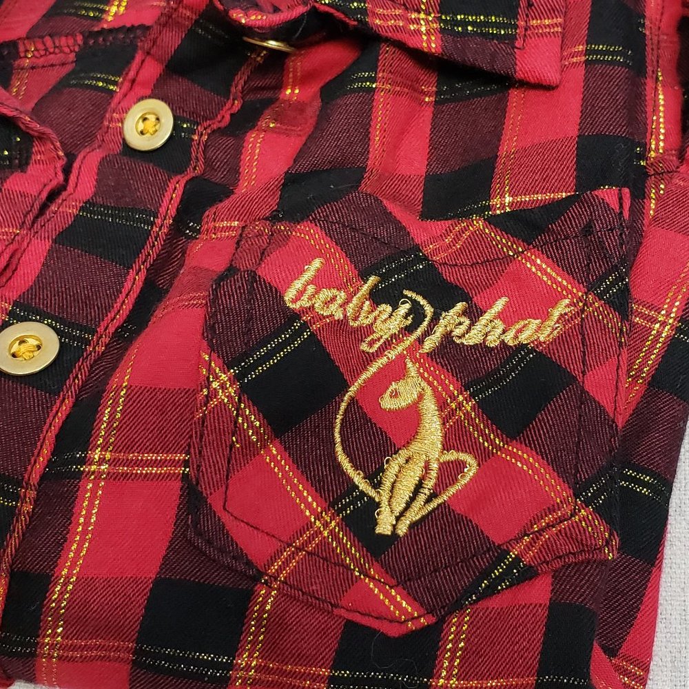 Baby Phat Button Down Dress Red Black Gold Plaid